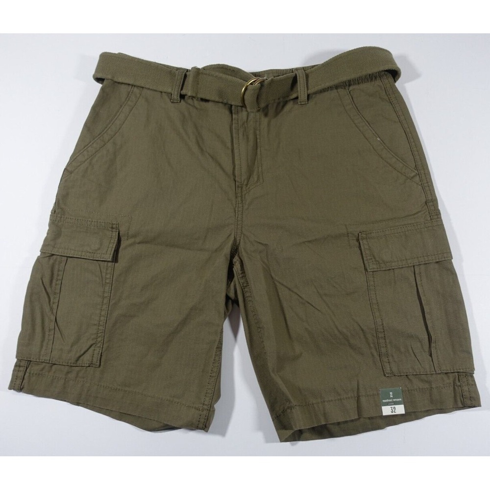 Mutual Weave Cargo Shorts Men 32 Belted Ripstop 10" Inseam Cotton Dusty Olive